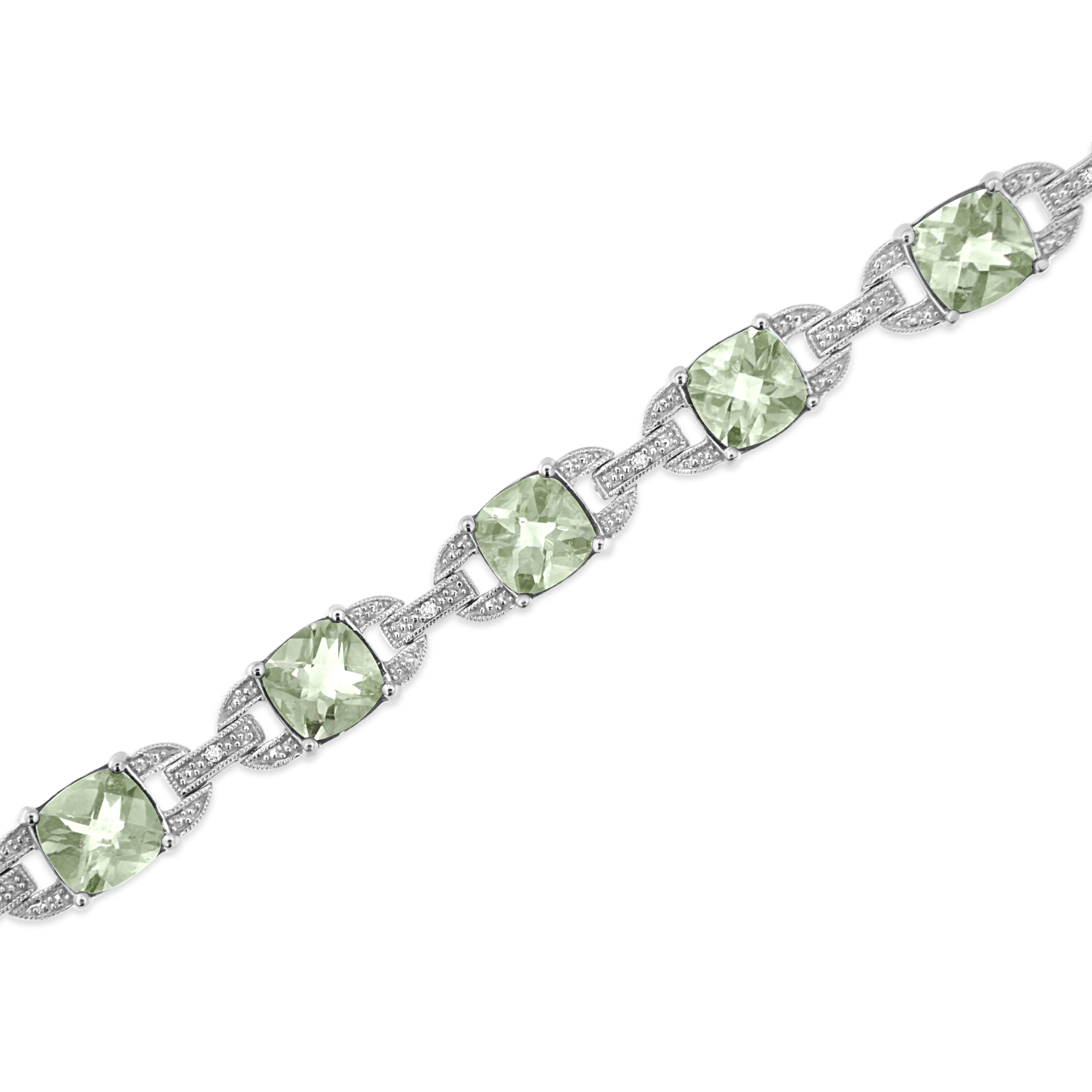 .925 Sterling Silver 7x7 mm Cushion Cut Green Amethyst and 1/20 cttw Round Cut Diamond Fashion Tennis Bracelet