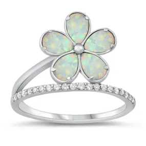 925 Sterling Silver Blue or White Opal Plumeria Ring With Clear Cubic Zironia