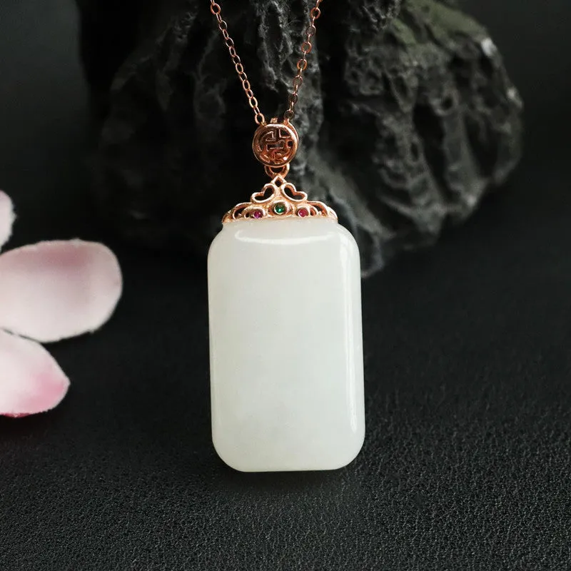 925 Sterling Silver White Hetian Jade Pendant Rectangle Necklace