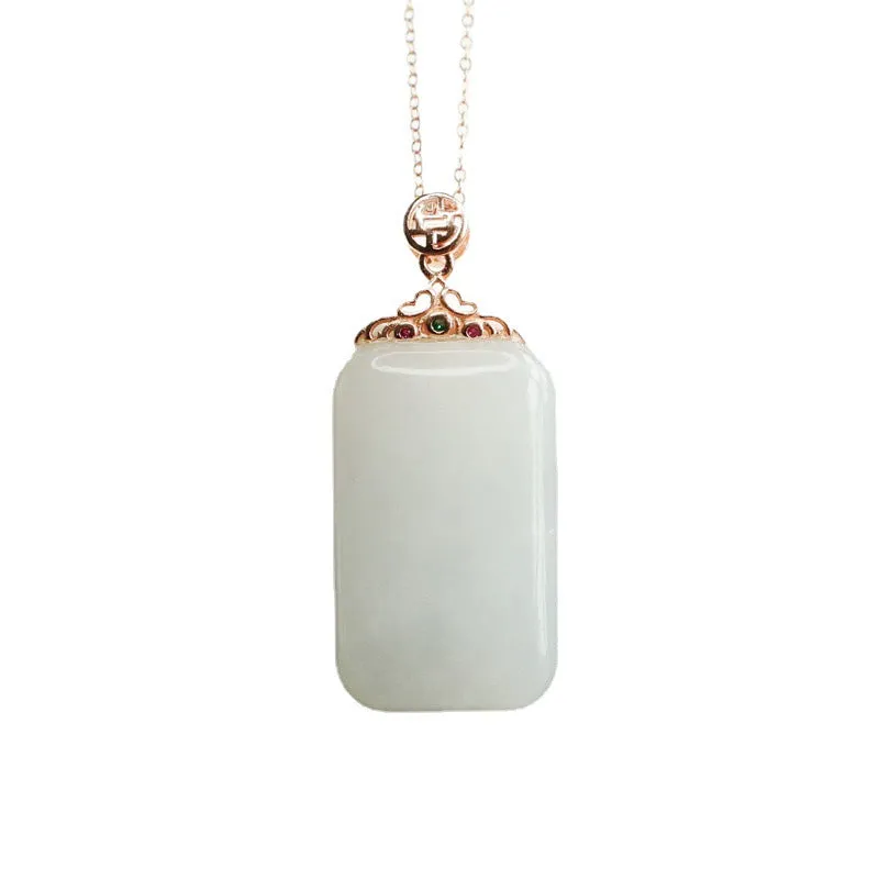 925 Sterling Silver White Hetian Jade Pendant Rectangle Necklace