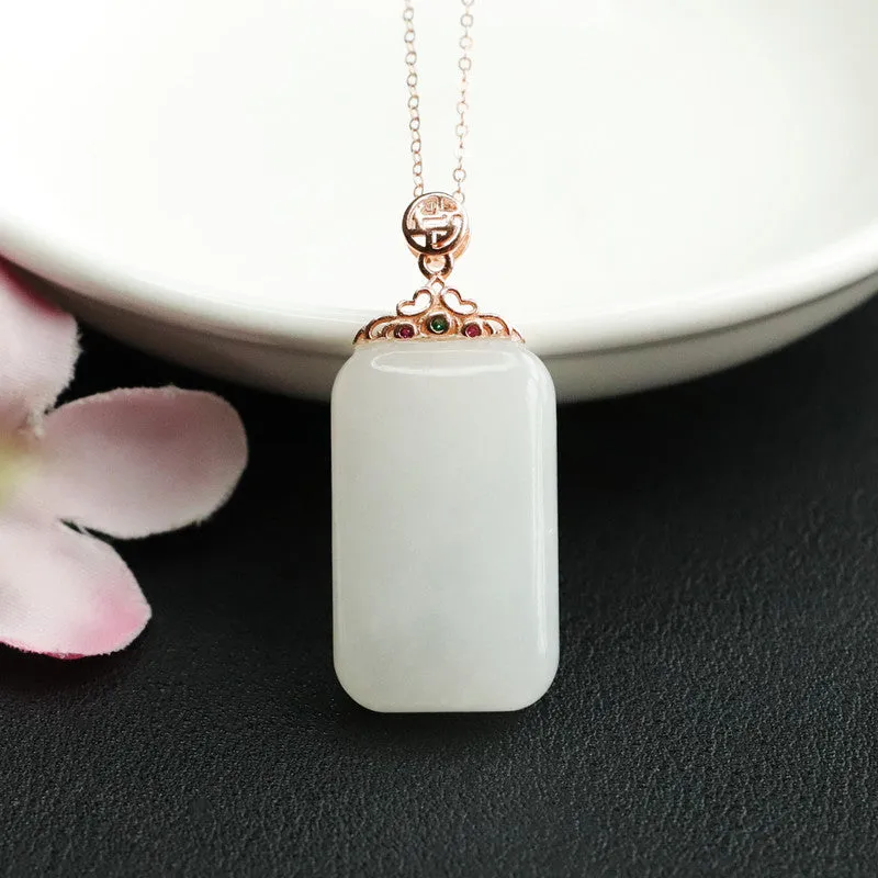 925 Sterling Silver White Hetian Jade Pendant Rectangle Necklace