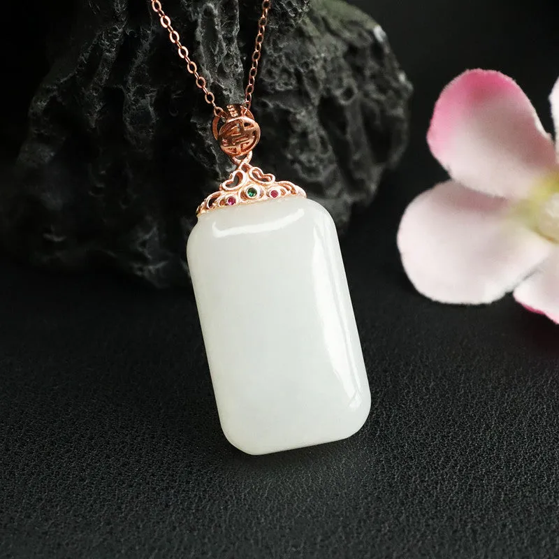 925 Sterling Silver White Hetian Jade Pendant Rectangle Necklace