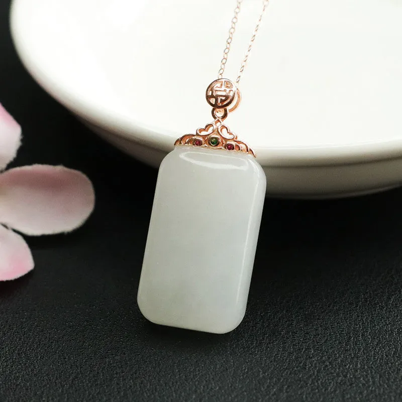 925 Sterling Silver White Hetian Jade Pendant Rectangle Necklace