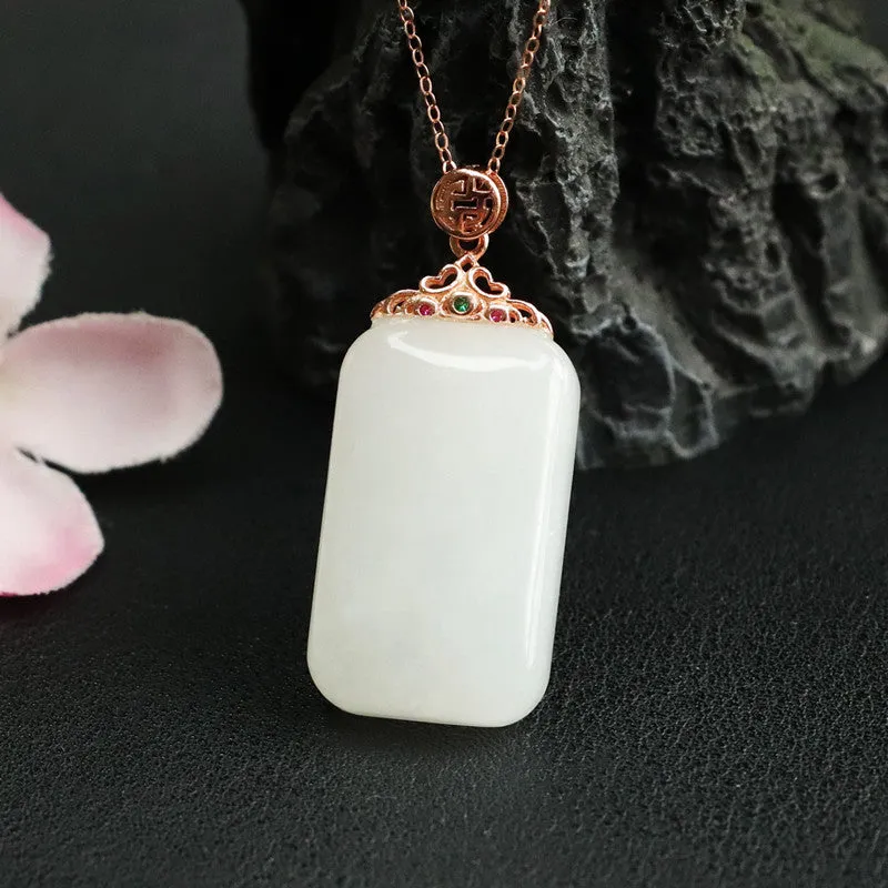 925 Sterling Silver White Hetian Jade Pendant Rectangle Necklace