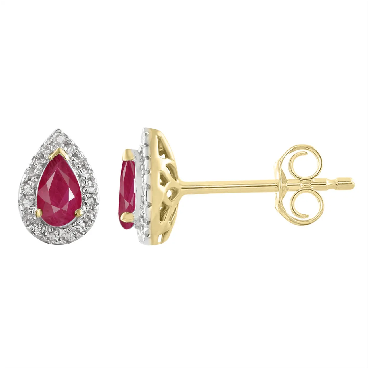 9ct Yellow Gold 0.10ct HI/I1 Diamond & Ruby Halo Stud Earrings