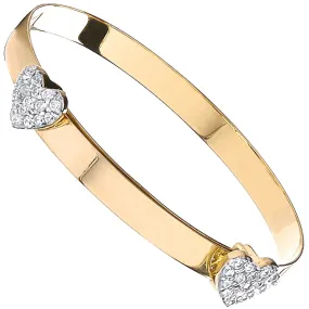 9ct Yellow Gold Expandable Baby Bangle with Two CZ Hearts