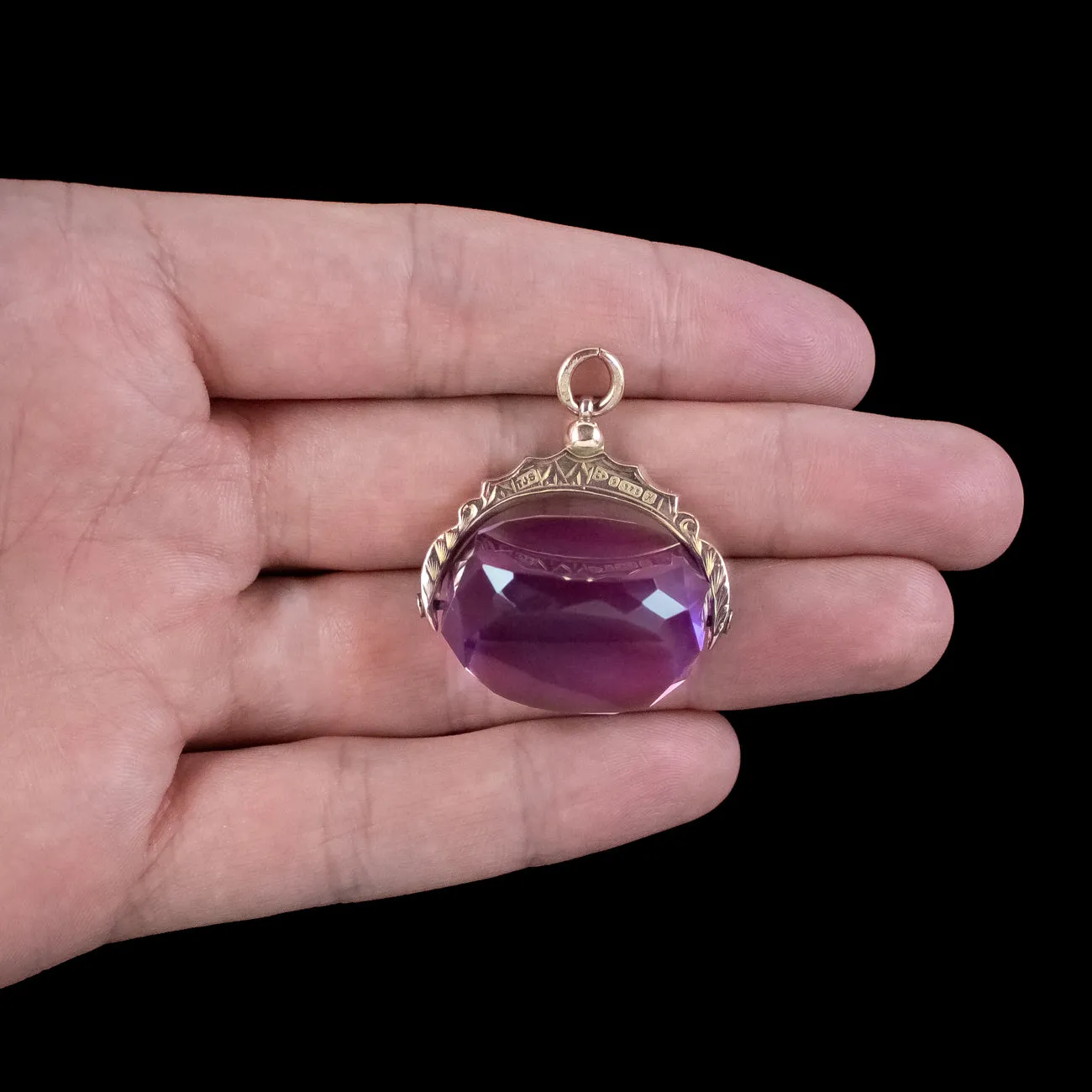 Antique Edwardian Purple Glass Swivel Fob Pendant 9ct Gold Dated 1910