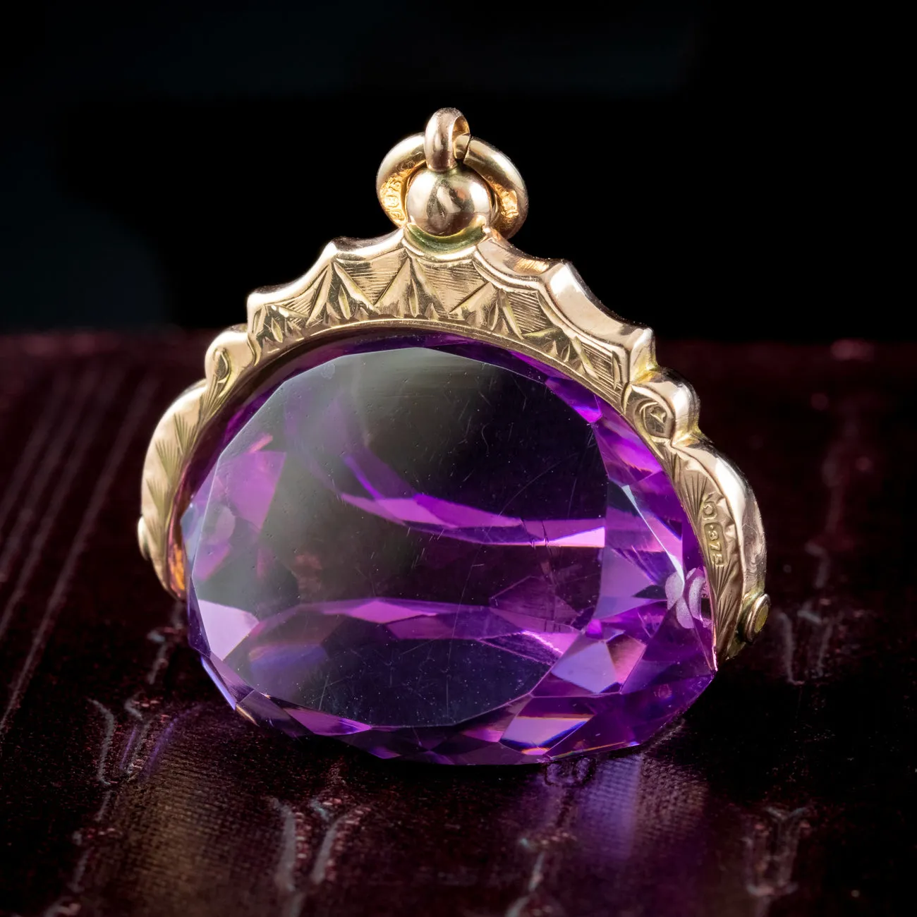 Antique Edwardian Purple Glass Swivel Fob Pendant 9ct Gold Dated 1910