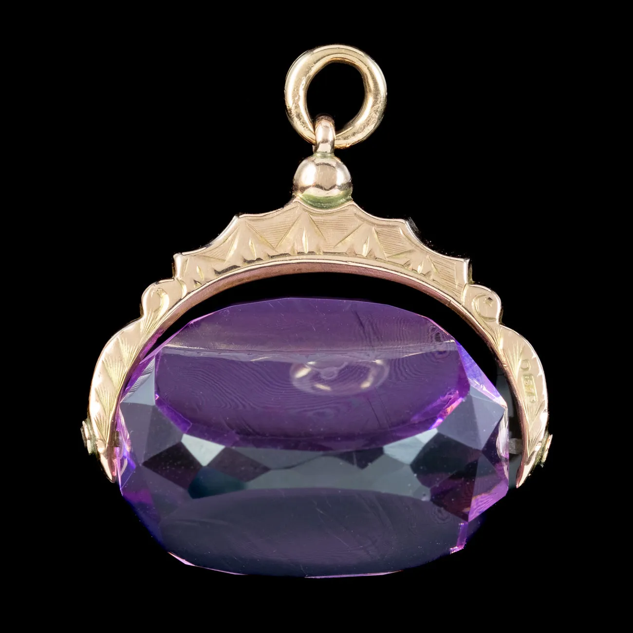 Antique Edwardian Purple Glass Swivel Fob Pendant 9ct Gold Dated 1910