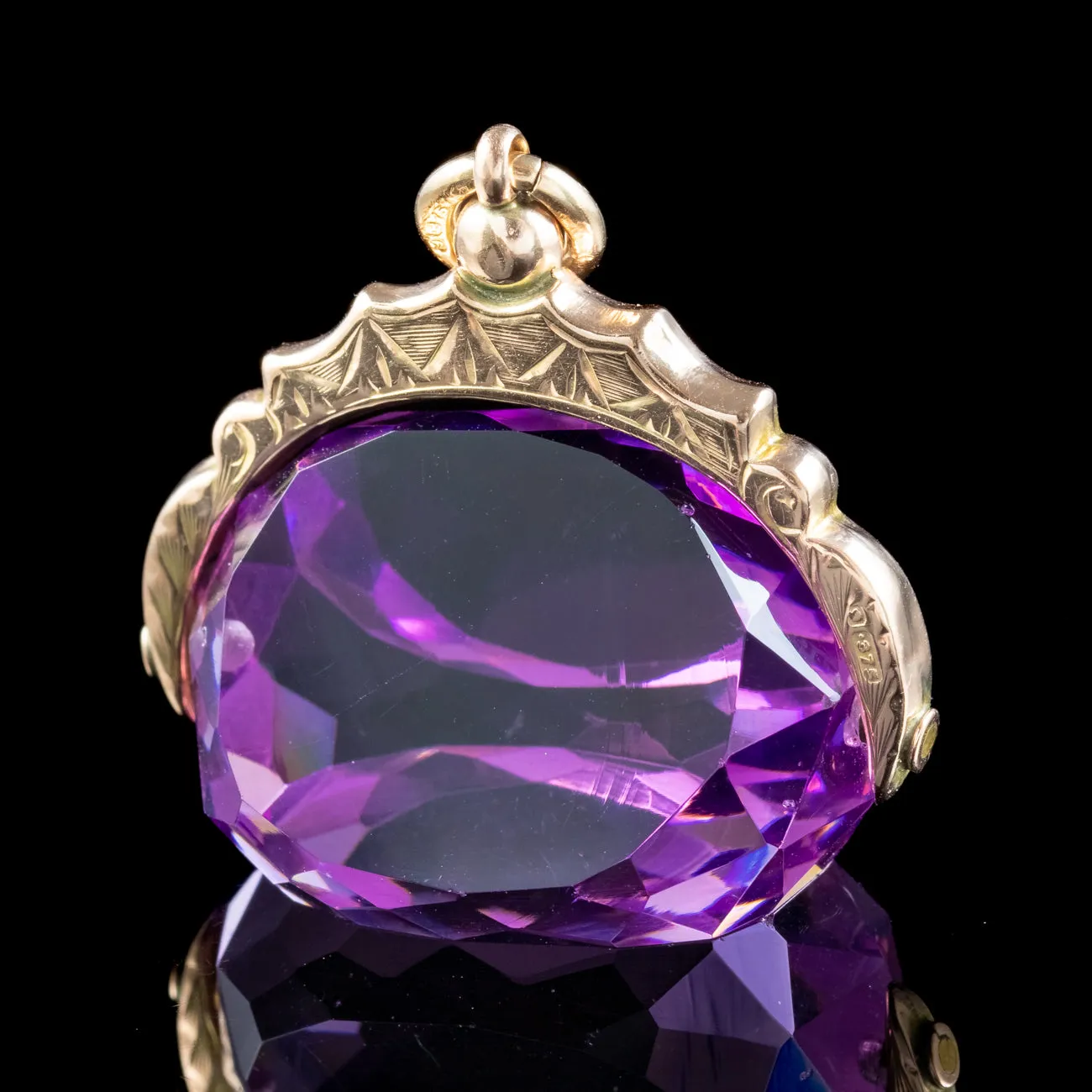 Antique Edwardian Purple Glass Swivel Fob Pendant 9ct Gold Dated 1910