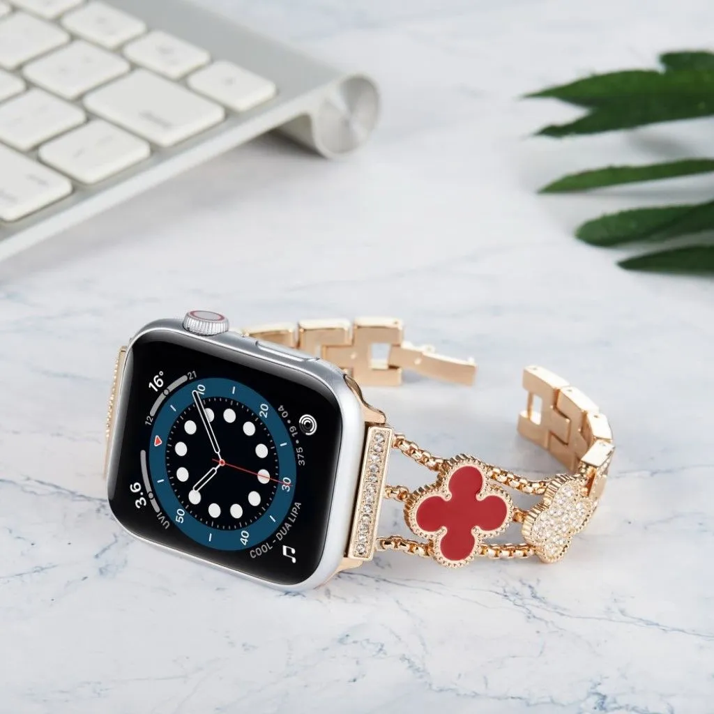 Apple Watch 42mm - 44mm flower décor rhinestone watch strap - Rose Gold / Red