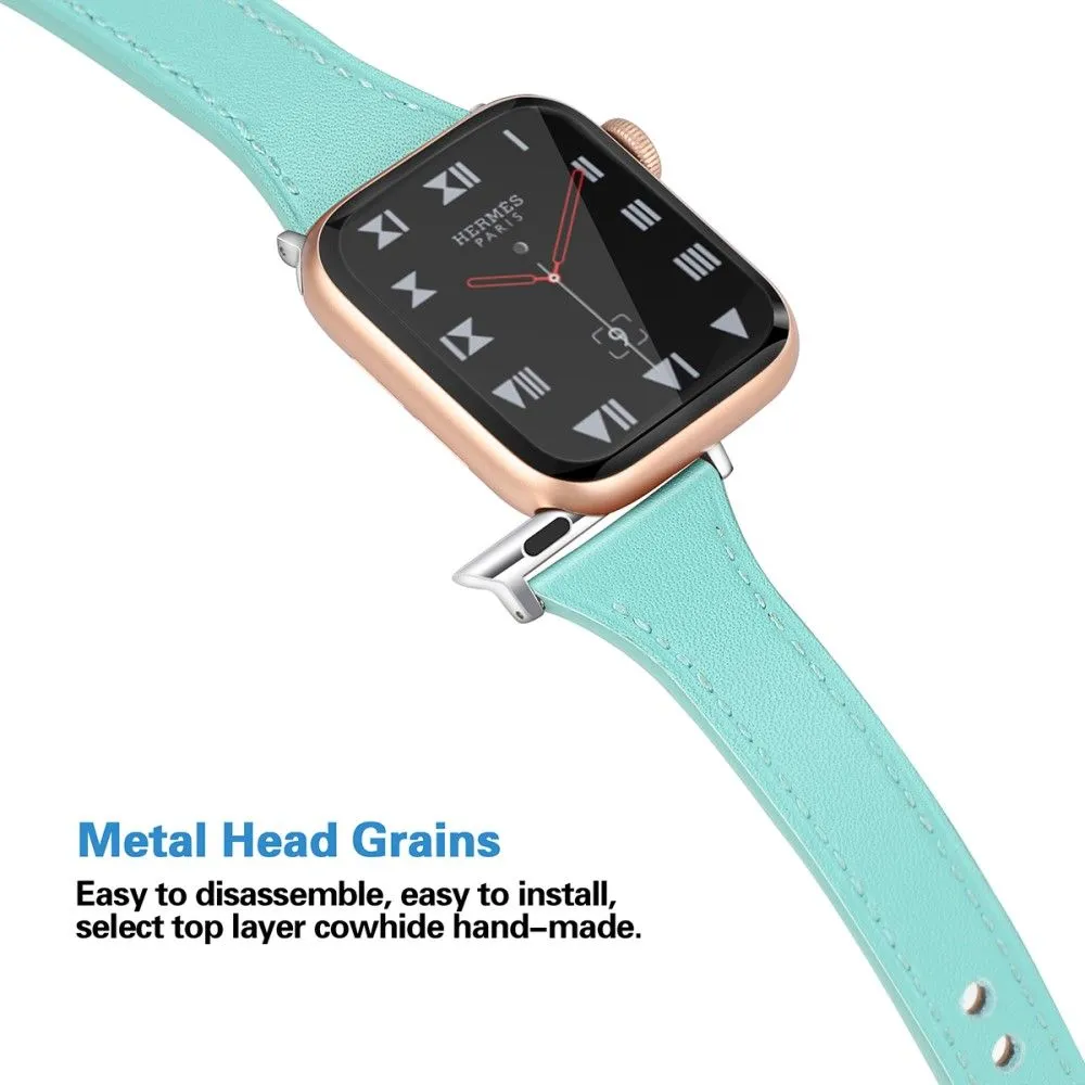 Apple Watch (45mm) stitching line genuine leather watch strap - Green / Size: L