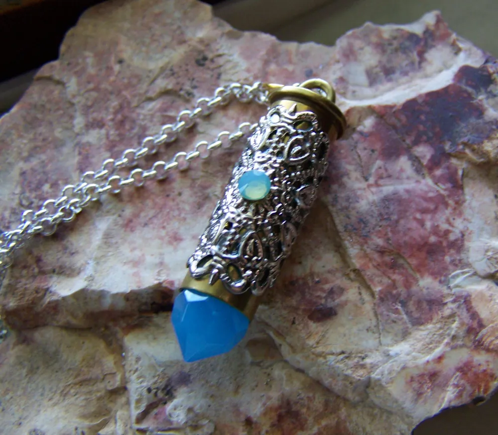 Aqua Blue Crystal Bullet Silver Filigree Pendant Necklace