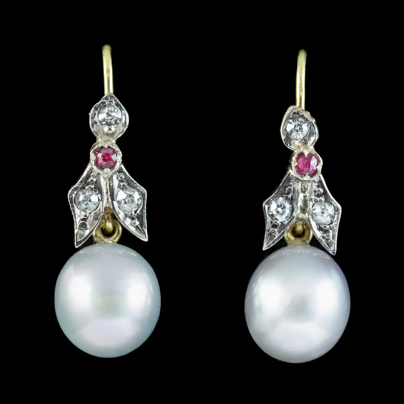 Art Deco Style Diamond Ruby Pearl Drop Earrings Platinum