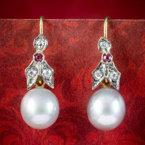 Art Deco Style Diamond Ruby Pearl Drop Earrings Platinum