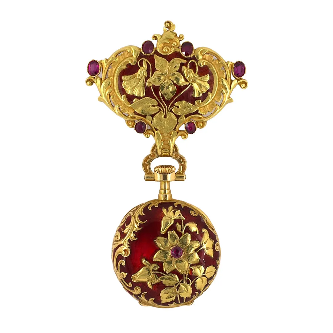 Art Nouveau Ruby & Enamel Floral Watch Chatelaine Pin