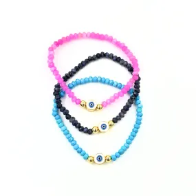 Ashley Gold Stainless Steel Gold Plated Colorful Genuine Stone Evil Eye Stretch Beaded Bracelet