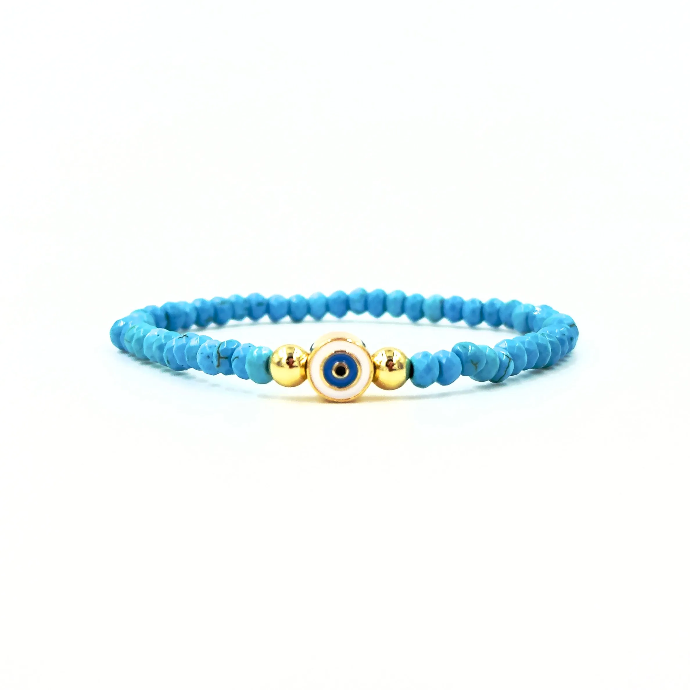 Ashley Gold Stainless Steel Gold Plated Colorful Genuine Stone Evil Eye Stretch Beaded Bracelet