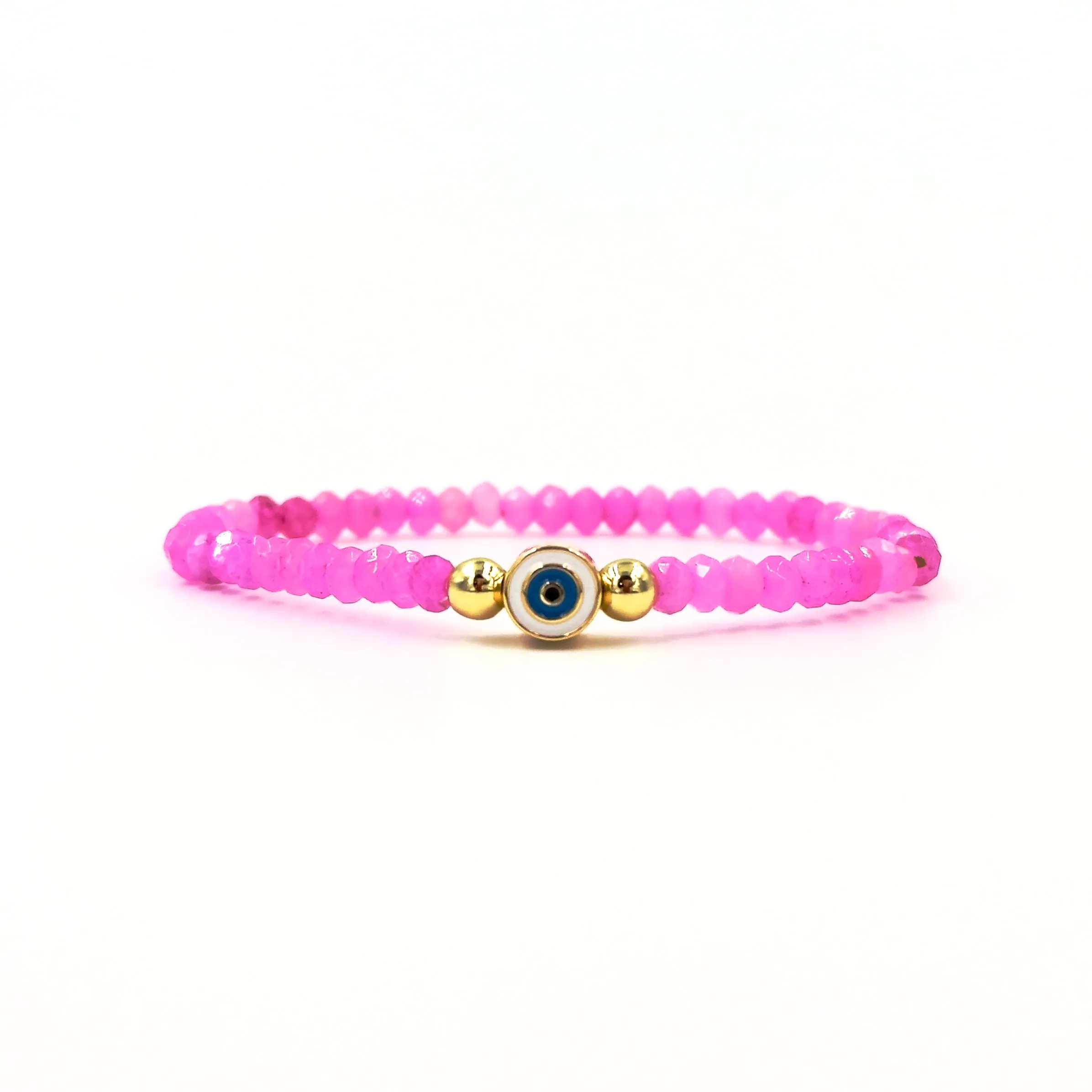 Ashley Gold Stainless Steel Gold Plated Colorful Genuine Stone Evil Eye Stretch Beaded Bracelet