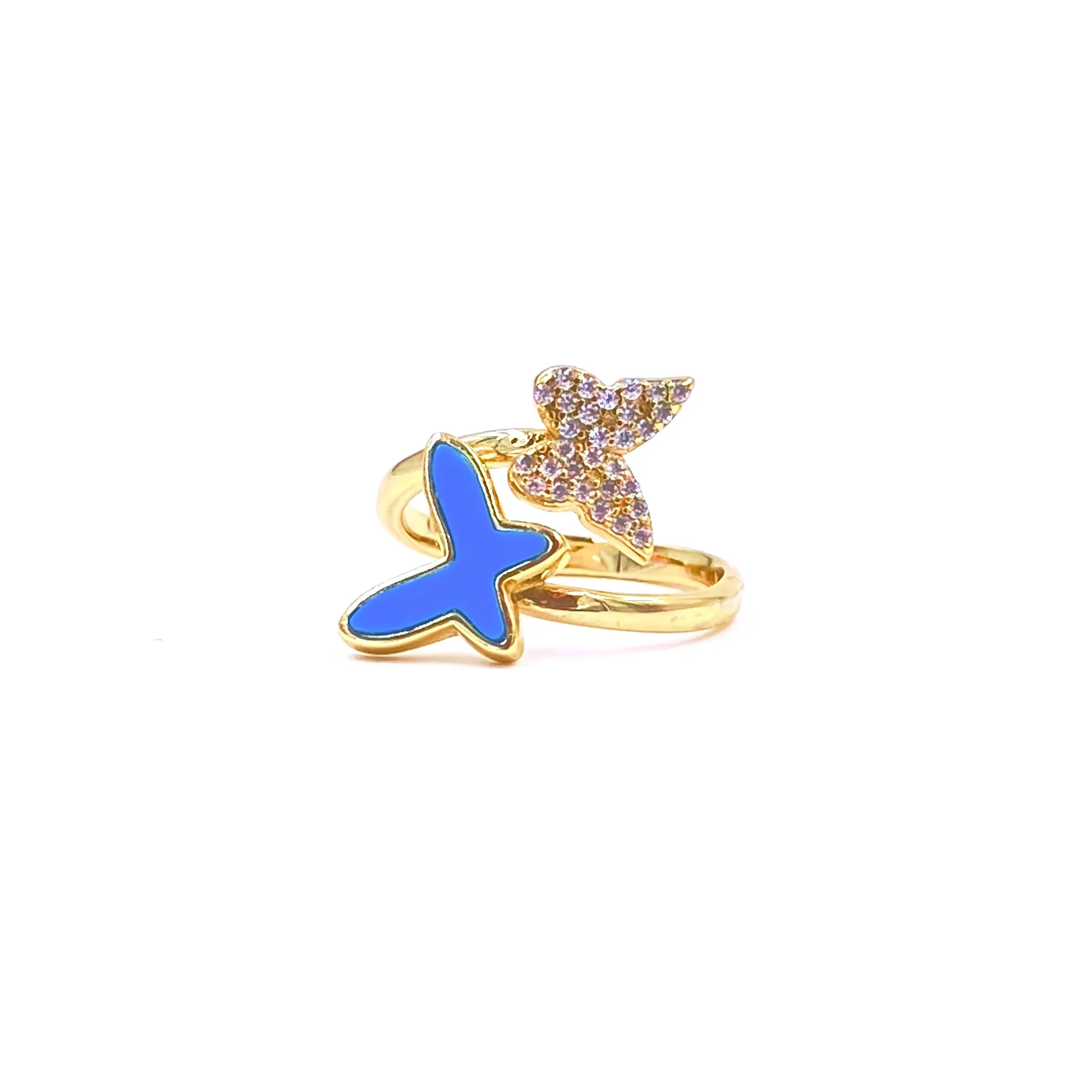 Ashley Gold Stainless Steel Gold Plated CZ And Enamel Double Butterfly Design Ring