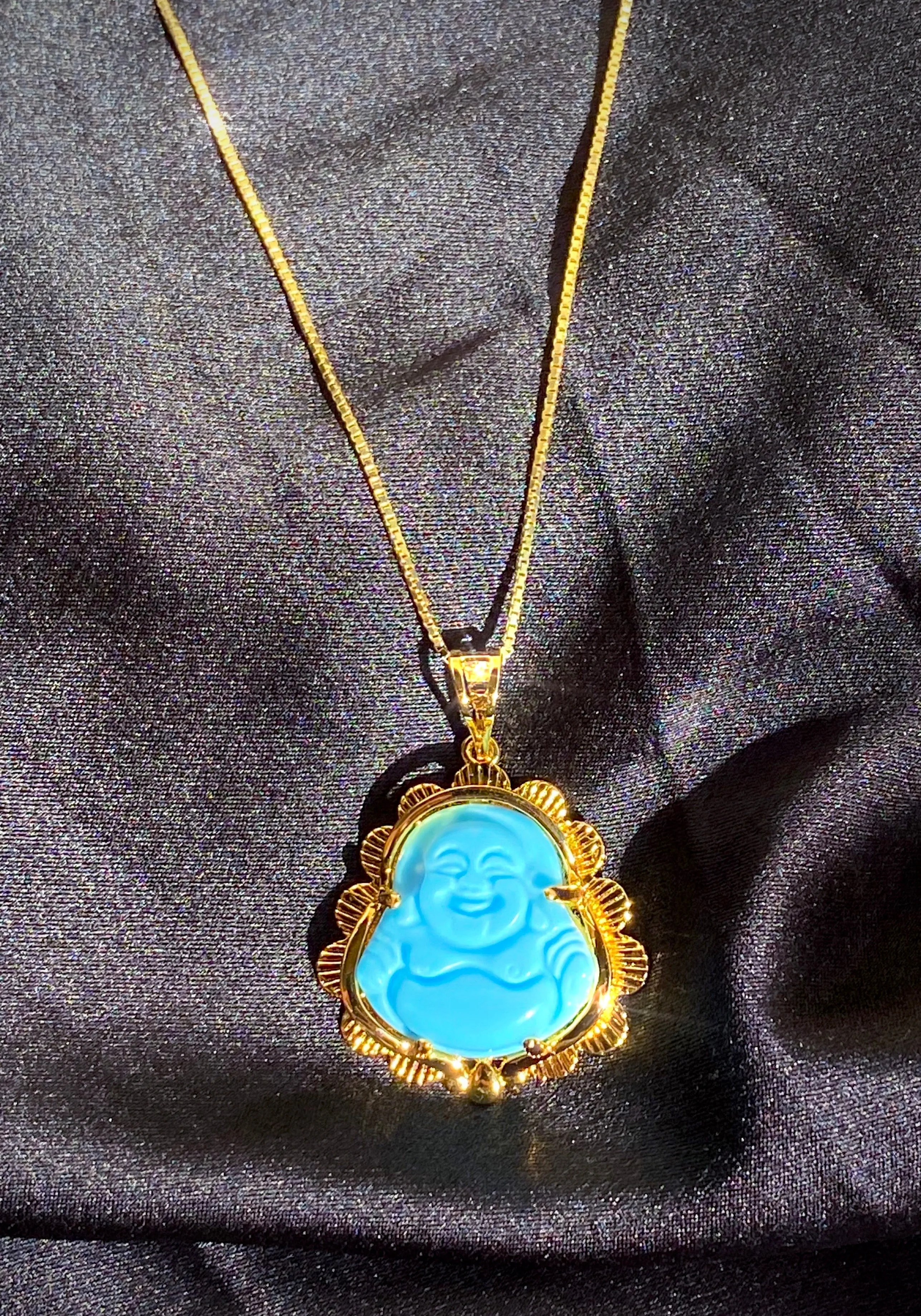 Baby Blue Jade Buddha Necklace in Gold