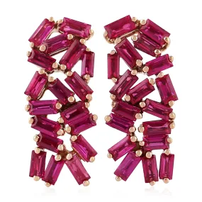 Baguette Ruby July Birthstone Cluster Stud Earrings In 18k Rose Gold