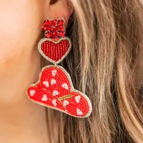 Beaded Heart and Cowboy Hat Earrings with Pink Hearts in Red