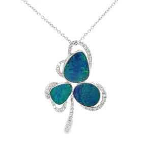 Black Australian Opal Three Leaf Diamond Pendant Necklace