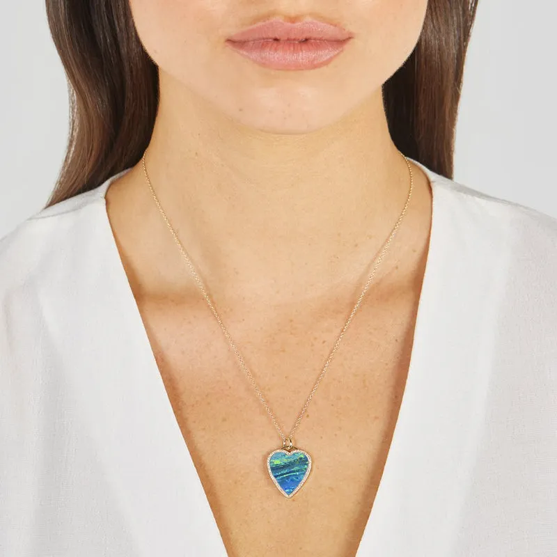 Blue Boulder Opal Inlay Heart Necklace with Diamonds