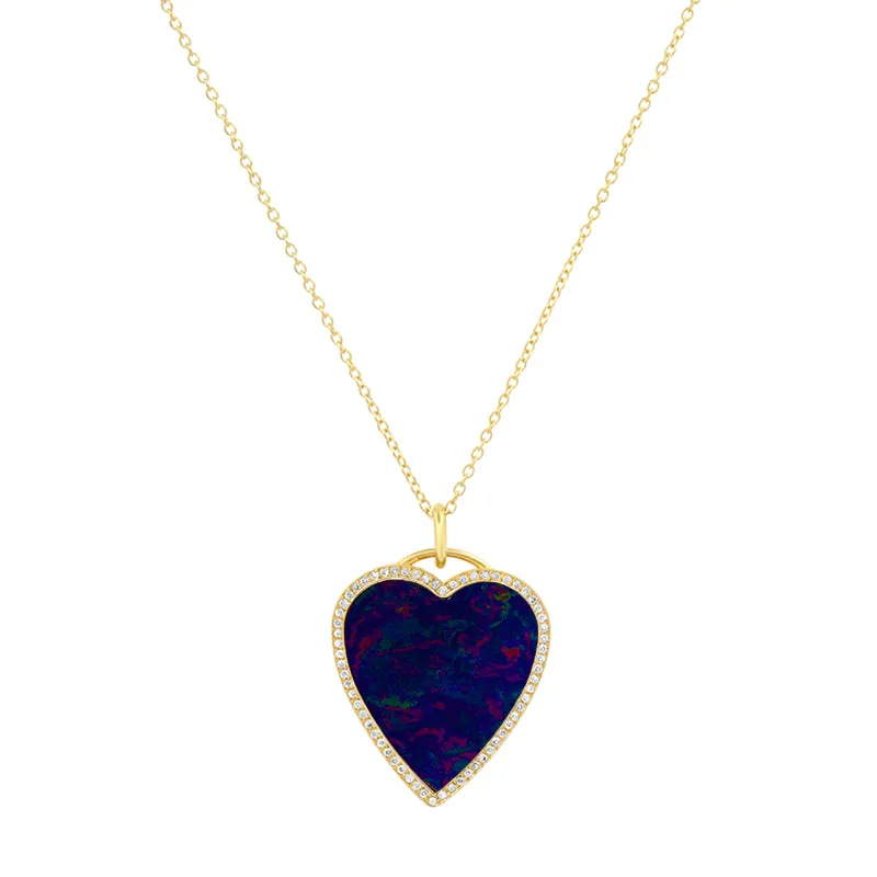 Blue Boulder Opal Inlay Heart Necklace with Diamonds