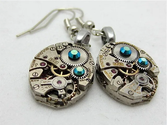 Blue Ice  - Steampunk Earrings - Repurposed art