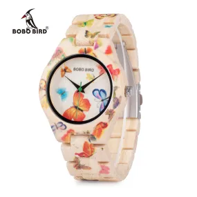 BOBO BIRD WO20 Lady Wood Watch for Women Bamboo Band Painting Butterfly Quartz Watches in Wooden Box OEM