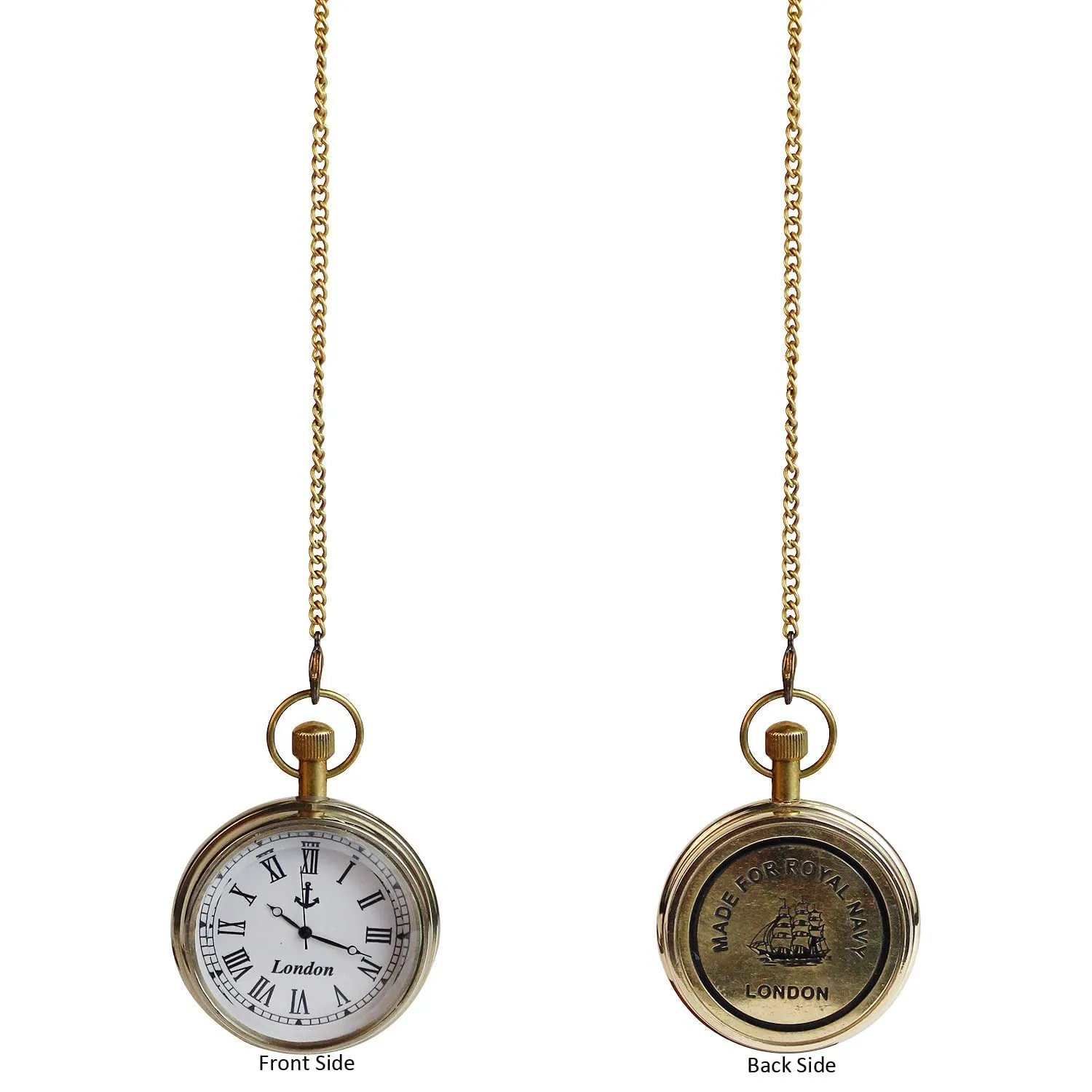 Brass Pocket Watch with Wooden Box Nautical Brass Antique Clock Roman Number Dial Round Shape London Pocket Clock with Chain