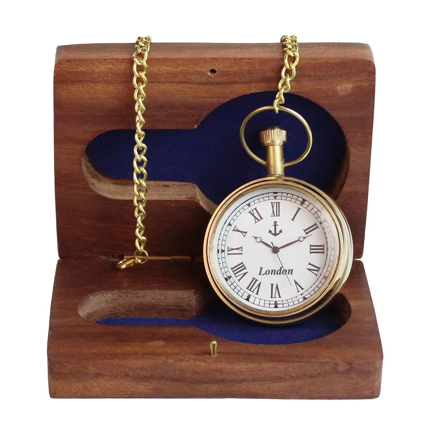 Brass Pocket Watch with Wooden Box Nautical Brass Antique Clock Roman Number Dial Round Shape London Pocket Clock with Chain