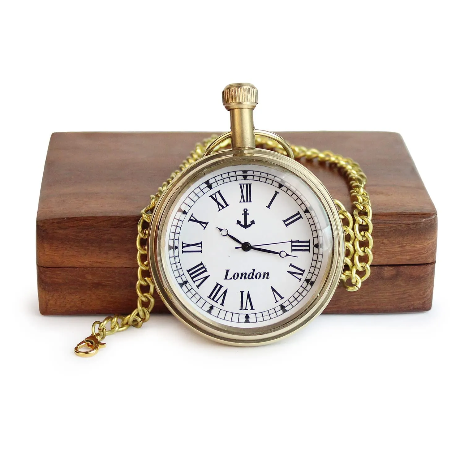 Brass Pocket Watch with Wooden Box Nautical Brass Antique Clock Roman Number Dial Round Shape London Pocket Clock with Chain