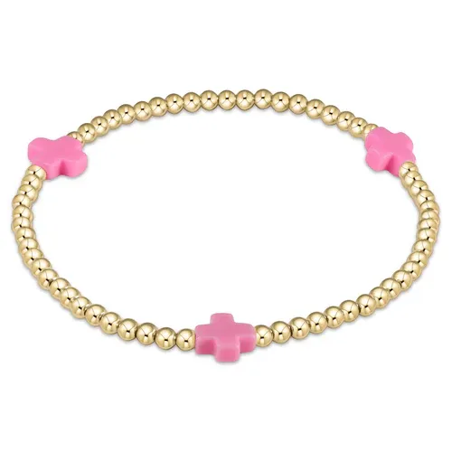 Bright Pink Signature Cross Gold Pattern 3mm Bead Bracelet