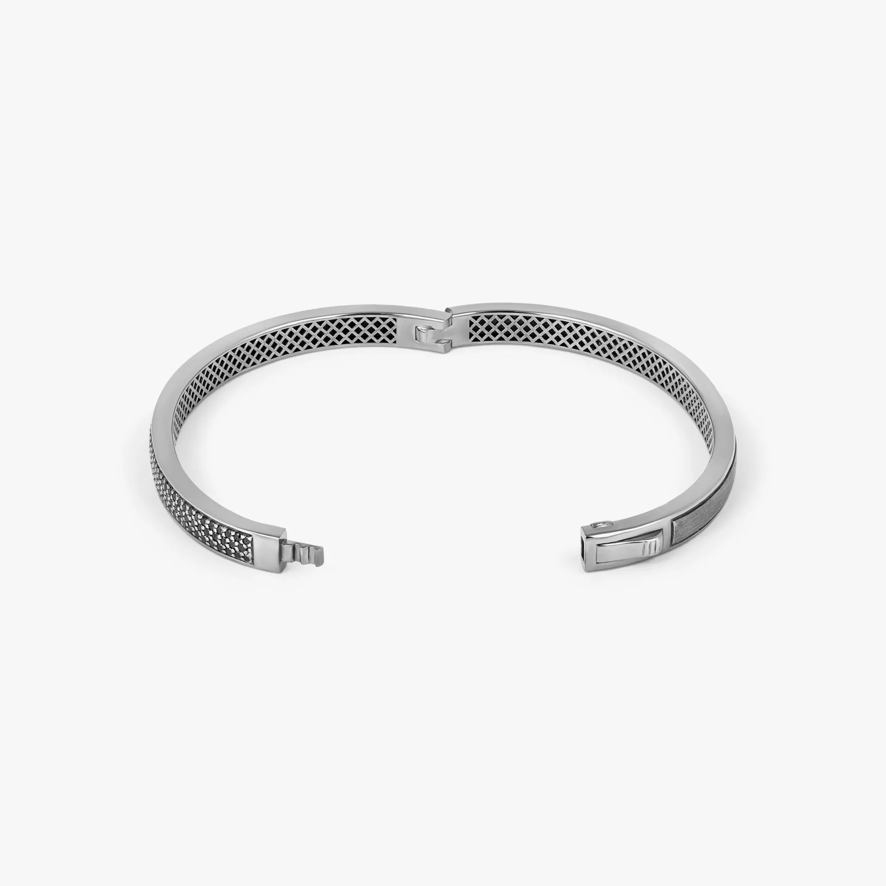 Buckingham Hinge Cuff Bangle in Rhodium Plated Silver with Black Diamonds