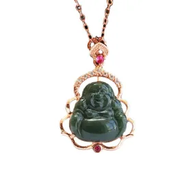 Buddha Necklace made of Natural Blackish Green Hetian Jade