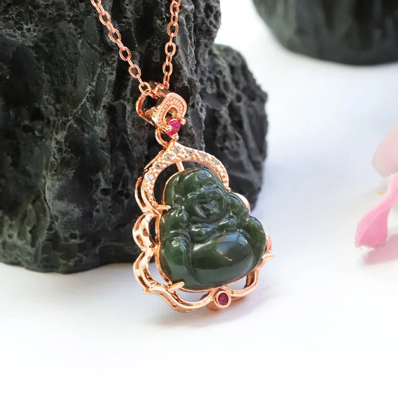 Buddha Necklace made of Natural Blackish Green Hetian Jade