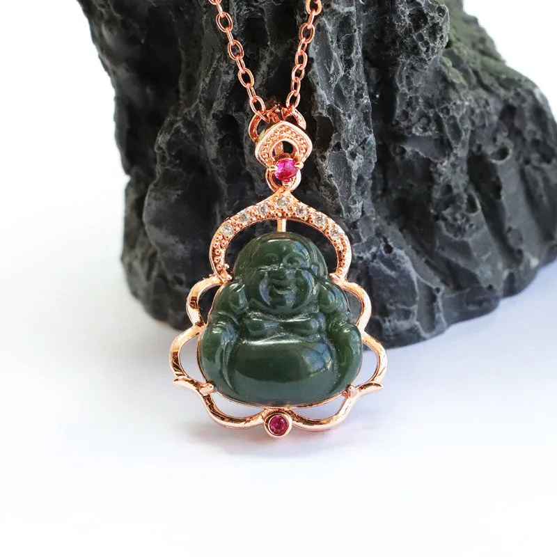 Buddha Necklace made of Natural Blackish Green Hetian Jade