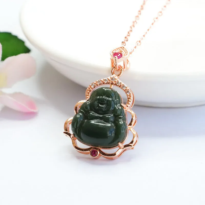 Buddha Necklace made of Natural Blackish Green Hetian Jade