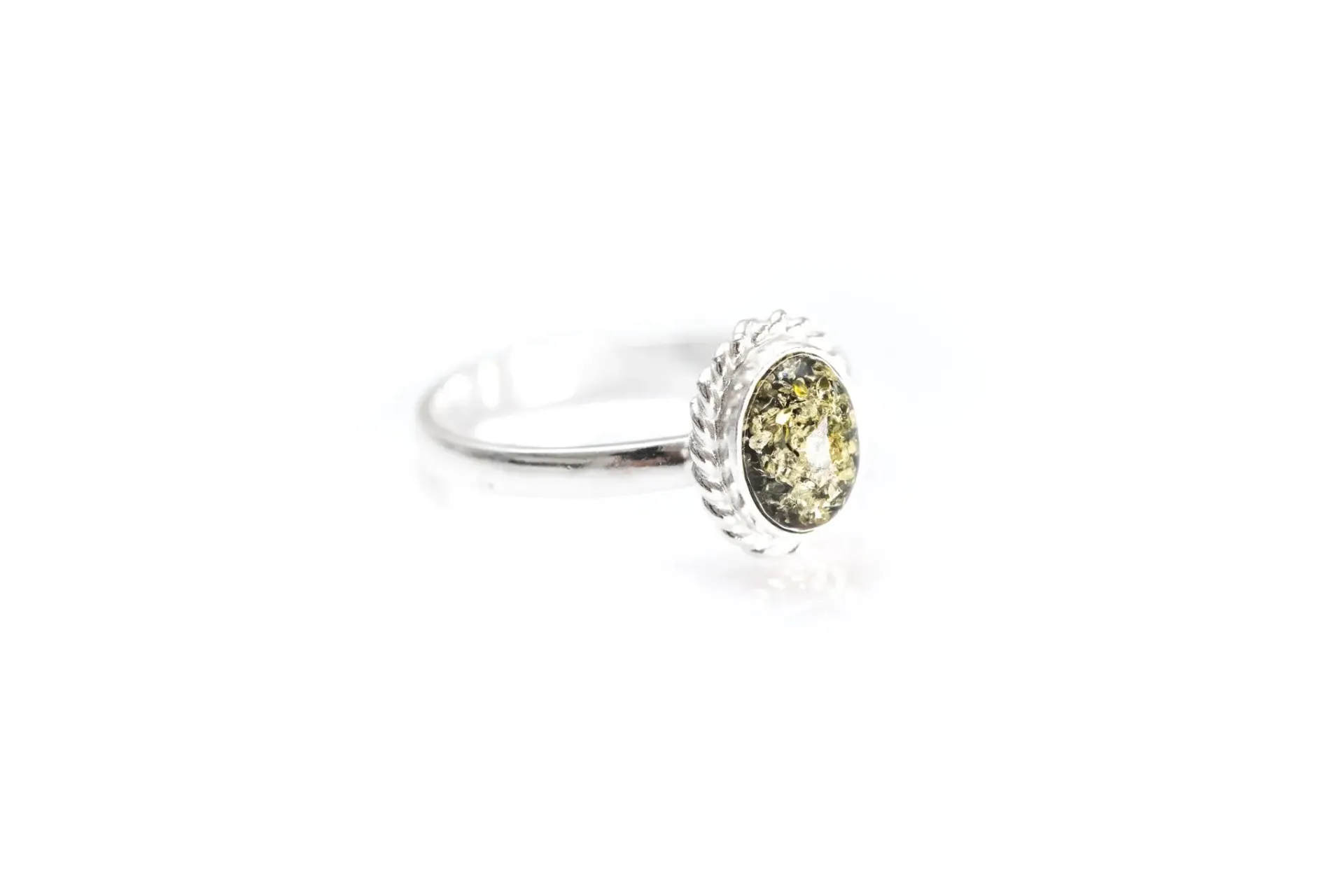 Buy Mini Green Amber Quintessence Ring - Elegant Sterling Silver with Sparkling Green Amber Stone