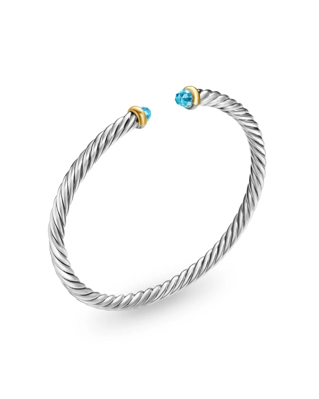 Cable Flex Bracelet in Sterling Silver with 14K Yellow Gold and Blue Topaz, 4mm