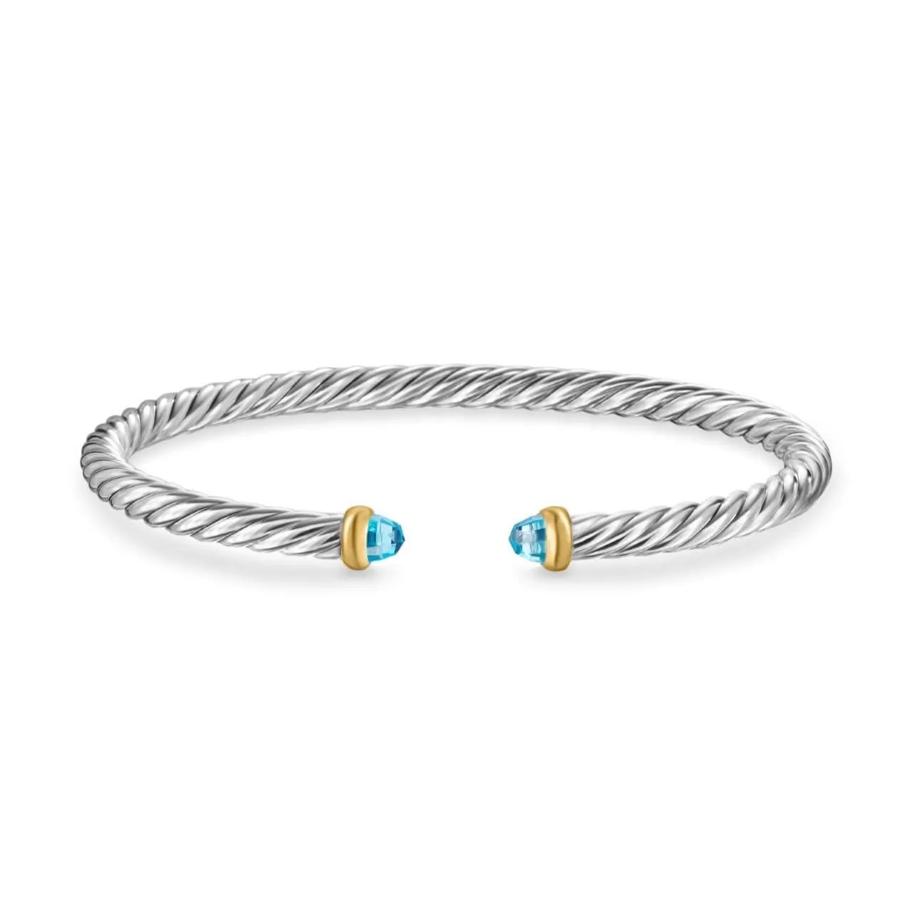 Cable Flex Bracelet in Sterling Silver with 14K Yellow Gold and Blue Topaz, 4mm