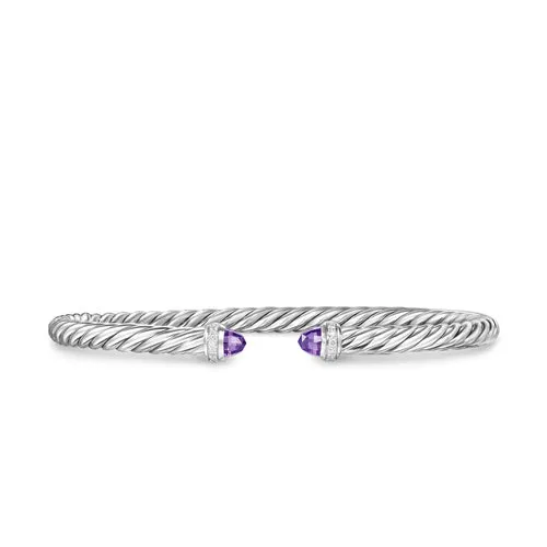 Cablespira Flex Bracelet in Sterling Silver with Amethyst and Diamonds, 4mm, Size Medium