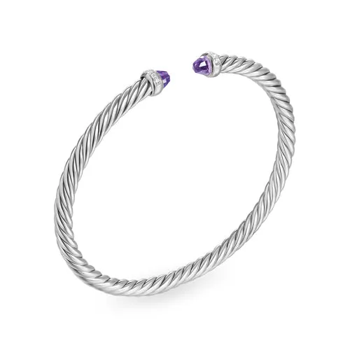 Cablespira Flex Bracelet in Sterling Silver with Amethyst and Diamonds, 4mm, Size Medium