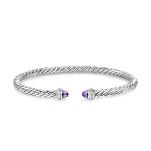 Cablespira Flex Bracelet in Sterling Silver with Amethyst and Diamonds, 4mm, Size Medium