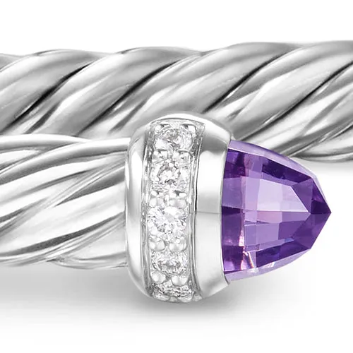 Cablespira Flex Bracelet in Sterling Silver with Amethyst and Diamonds, 4mm, Size Medium