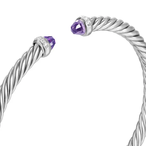 Cablespira Flex Bracelet in Sterling Silver with Amethyst and Diamonds, 4mm, Size Medium