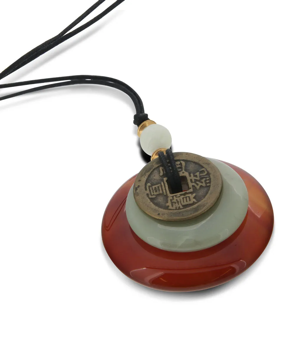 Carnelian Multi Disc with Ancient I-Ching Coin Pendant Necklace